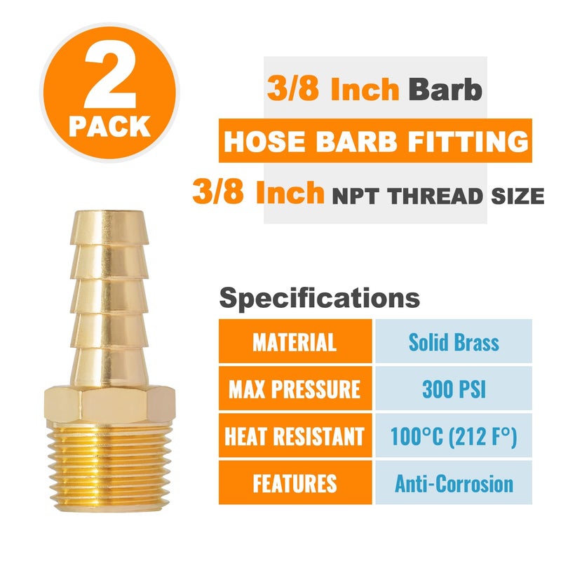 SUNGATOR 3/8'' NPT Brass Hose Barb Fittings, 3/8'' NPT Male Thread to 3/8 Inch Barbed Air Hose Fittings, 3/8 Inch Brass Air Line Repair Connectors for Compressor, Fuel, Oil (2-Pack) - Image 4